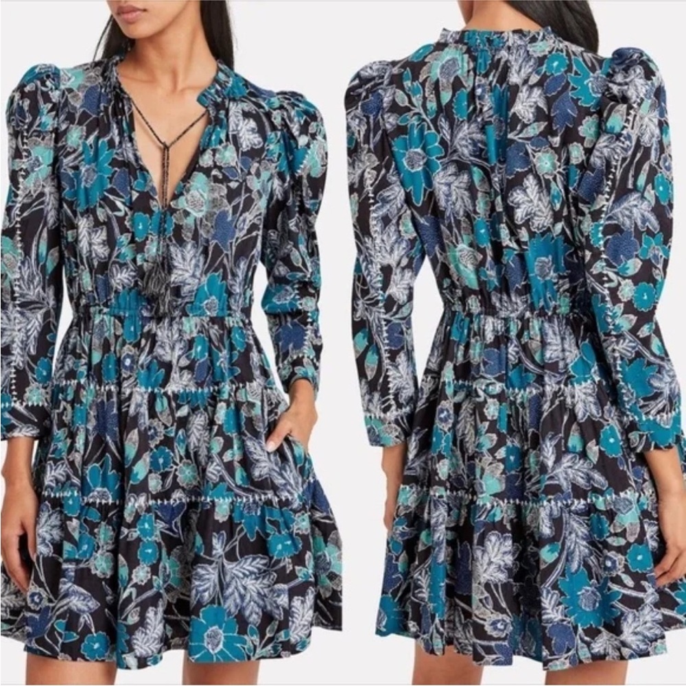 Ulla Johnson Liv Dress Blue Floral Tassel Mini Sz 4